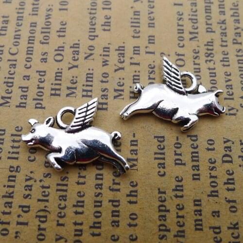 10 pieces/lot 14*19mm Antique silver color Metal flying Plumage Pig Charm Necklace Bracelet Pendant Key chain DIY accessory
