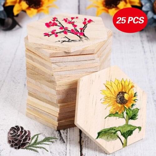 25 Pcs/set Polished Wedding Photo Props Hexagon DIY Hand Painting Blank Pendant Writing Wooden Slices Name Tags Coasters Party