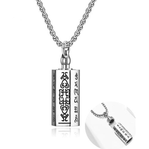 Buddhism Mantra Sanskrit Necklaces Openable Cylindrical Pendant Chinese Style Urn Ashes Amulet Neck.for Men Lucky Jewelry