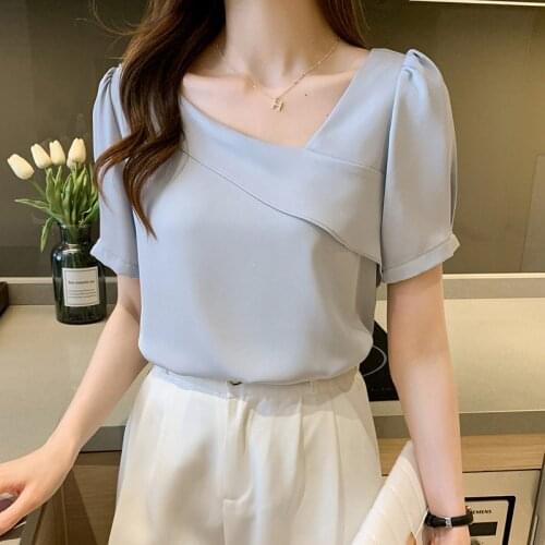 Elegant Fashion Soft Workwear OL Ruffle Summer Blouses Blue Shirts Solid Casual Womens Tops V-Neck Clothing 2021 Blusas Female