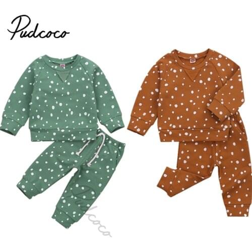 Infant Baby Girls Boys Wave Point Printed Suit, Long Sleeve Pullover Sweater Top with Elastic Long Pants Simple 2Pcs Casual Suit