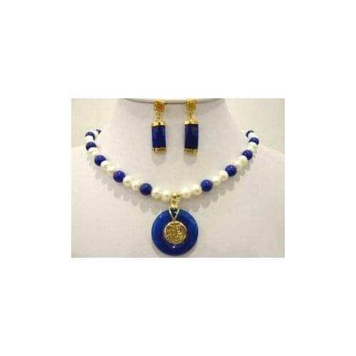 Beautiful blue jade and Freshwater pearl necklace earring set