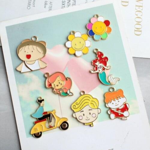 Colorful Kawaii Enamel Alloy Charms 50pcs/Lot Gold Tone Plated Sunflower Mermaid Boy Girl Motocicle Earring Necklace Pendants