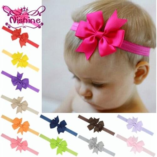 Nishine 20pcs/lot Ribbon Bow Headband Elastic Girls Bowknot Hair Bands Hair Ties Children Headwear Accessories(Color:20 Colors)