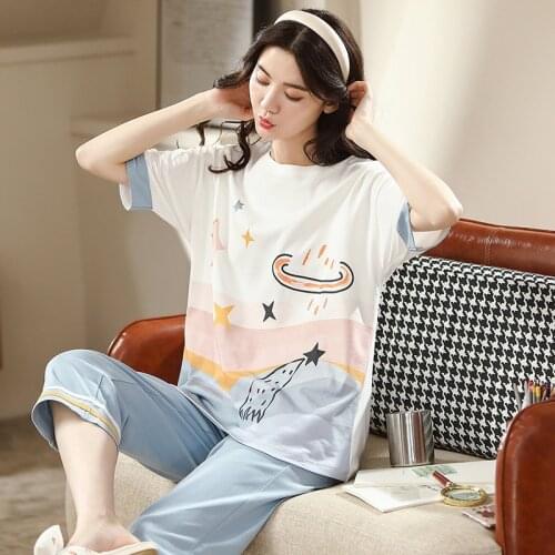 Summer Cartoon Cotton Pajamas Set Women Pyjamas Sleepwear Nightwear Pijama Mujer Home Wear Plus size Calf-Length Pants Nightsuit