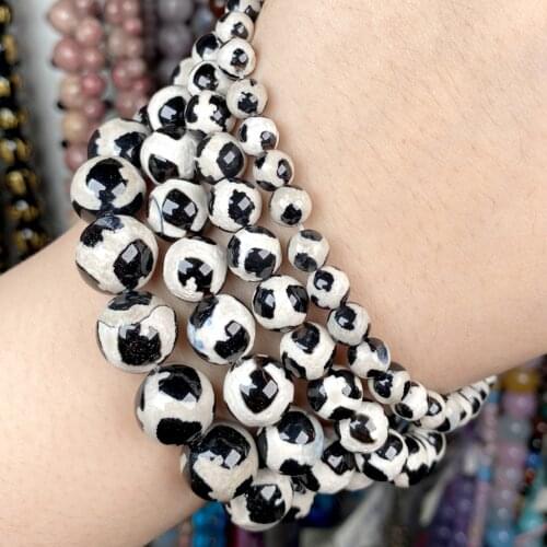 Natural Soccer Tibetan Dzi Agates Stone Round Beads Loose Spacer Beads For Jewelry Making Diy Bracelet Accessories 6-12mm 15"