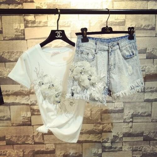 2021 Summer New Fashion Girls' Fashion 3D Flowers Short Sleeve T-shirt + Denim Shorts Twopiece Women Tassel Hole Jeans Sets