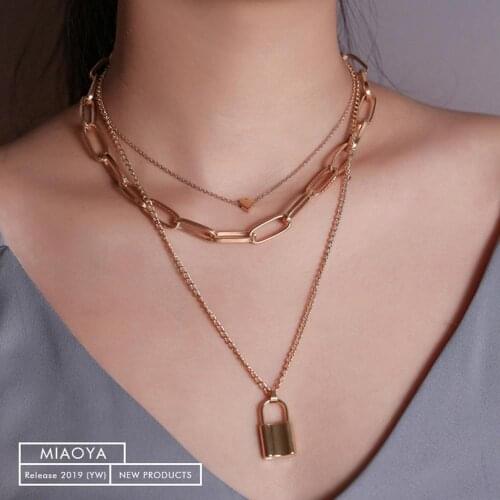 New Arrival Exaggerated Alloy Heart-shape Pendant Thick Multi Layer Necklace Star Lock Pendant Chain Necklace Women Jewelry Gift