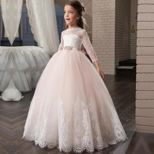 Flower Girl Dresses Pink Elegant Long Sleeve For Wedding Fashion Floor Length Formal Girl Gown Tulle First Communion Dresses