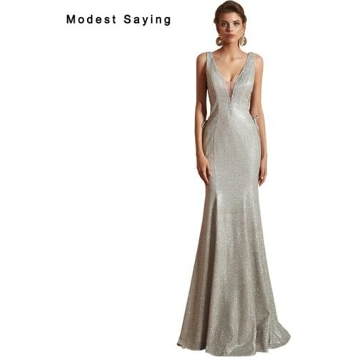 Simple Silver Mermaid Plunging Neckline Shiny Evening Dresses 2019 Sexy Formal Party Prom Gowns vestidos de fiesta de noche