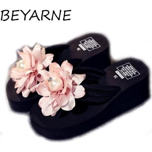 BEYARNE Handmade flowers Woman Beach Flip Flops Summer Sandals Slip- Resistant Slippers Platform Sandals shoes woman sandalia