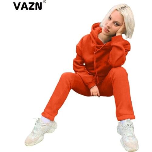 VAZN 2020 Top Quality Tracksuits Solid Young Regular Causal Free Hooded Full Sleeve Group Long Pants Slim Women 2 Piece Set