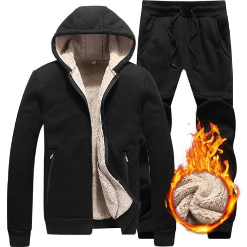 Mens suit Winter Thick Men Casual Tracksuit Sportswear Zipper Mens Hooded Sets Warm Plus Velvet Sports Suit Solid Color