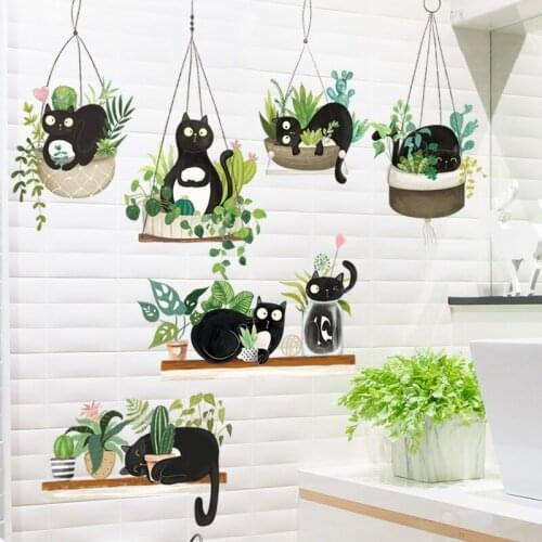 Creative Black Cat Plant Pot Wall Sticker Home Decor Living Room Sofa Backdrop Wall Decal Bedroom Kitten Sticker Girl Room Decor