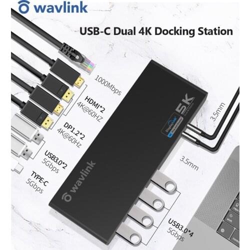 Wavlink Universal Rltra 5K Docking Station USB-C Dual Display USB3.0 Video Audio Output Support HDMI/Displayport Gigabit For Mac