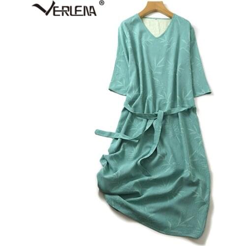 Verlena V-Neck A-Line 100% Thick Silk Summer Dress Women Half Sleeve Belt Waist Comfortable Midi Calf Print Casual Dresses 2020
