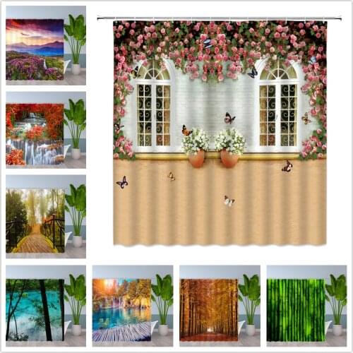 Green Forest Trees Scenery Shower Curtains Leaf Plant Waterfall Bamboo Bathroom Waterproof Cloth Toilet Bathroom Home Decor Set