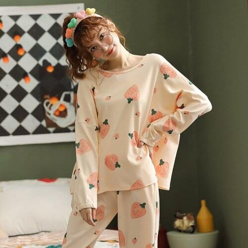 Strawberry Print Women Pajamas Sets Long Sleeve Sleepwear Female Cotton Soft Pyjama Nightwear Casual Homewear Top+Pants Pijama