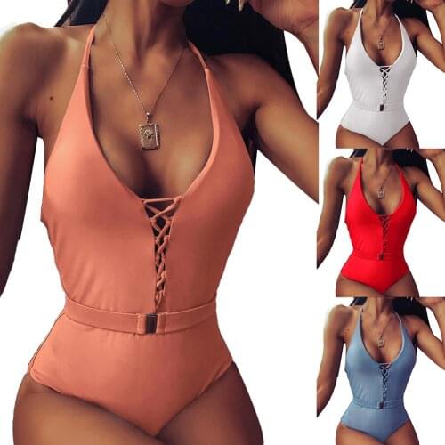 Women Sexy Solid Color Belt Buckle Chest Bandage Deep Plunge Monokini Swimsuit Solid Color Belt Buckle Chest Bandage