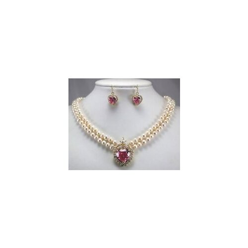 Wholesale choker jewelry sets for women word Natural Fine New 2 row white pearl necklace heart pink zircon pendant earring set