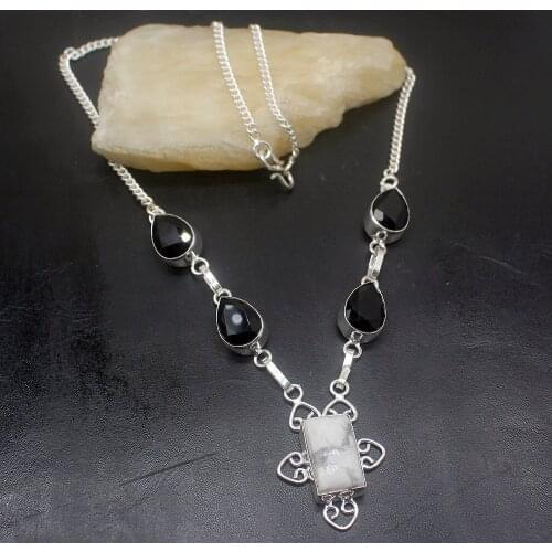Natural White OceanJasper BlackOnyx Silver Color Women Pendant Necklace Chain 19 Inch HD275