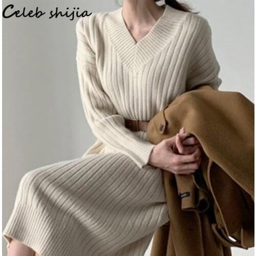 Woman Dress Woolen Autumn Winter V-neck Streetwear Elegant Long Sweater Dress Vestido Straight Loose Knit Dresses Female