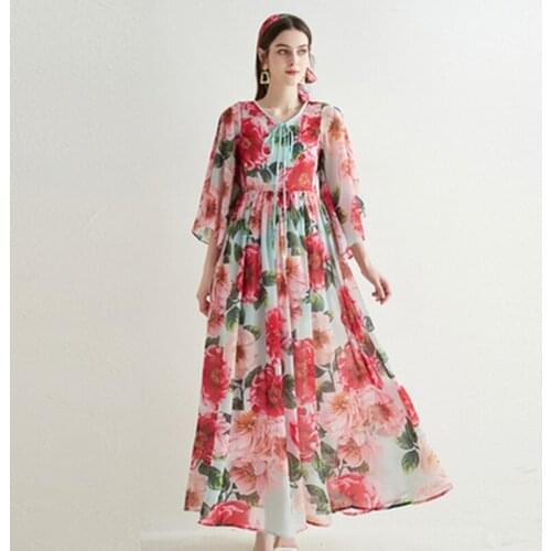 Bohemian Camellia Flower Printed O Neck Loose Chiffon Maxi Dress Women Beach Lotus Leaf Sleeve Lace Up Floral Long Vestidos