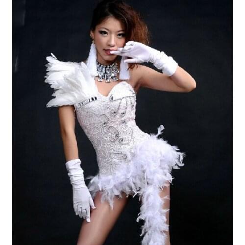 #0103 Hip Hop Jazz Sexy Bodysuit Stage Costumes For Singers Sparkling Female Singer White/Red Feather Performance White/Red