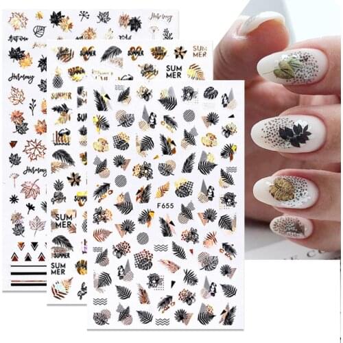 1pcs Black Laser Gold Autumn Leaf 3D Nail Sticker Coconut Tree Leaf Pattern Adhesive Transfer Sticker Shiny DIY Nail Decoration