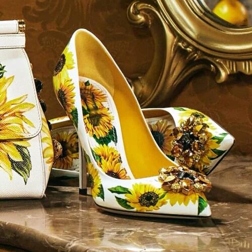 2021 Thin Heel Print Sunflowers Women Pumps Pointed Toe Rhinesstone Women Shoes Slingbacks Crystal Flower Slip on Female Pumps
