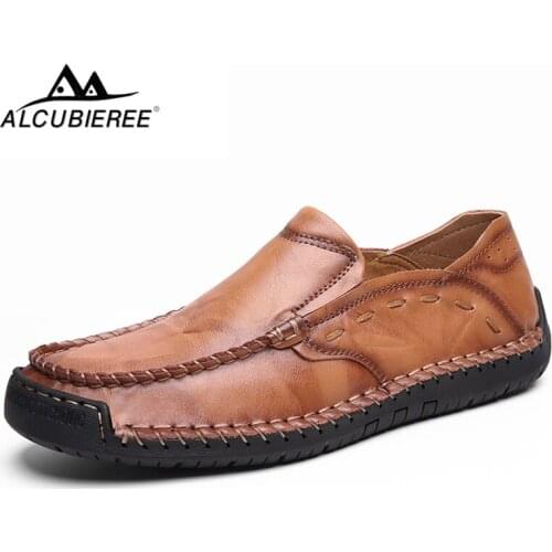 ALCUBIEREE Italian Handmade Loafers for Men Summer Breathable Moccasins Mens Slip on Flat Driving Shoes Adult Leather Sneakers