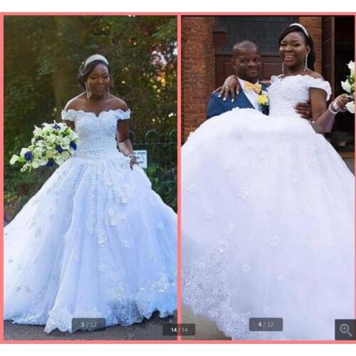 White tulle ball gown wedding dresses lace appliques beaded sequins princess puffy black girls bridal gowns south african long