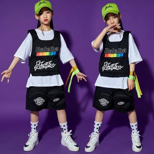 Children Short Sleeved T Shirt Summer Street Wear Hip Hop Dance Outfits Black Vest Boys Girls Jazz Performance Clothing BL6627