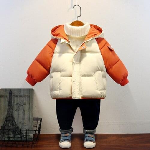 Autumn and winter 2021 new childrens fashion letter printed cotton padded jacket boys and girls solid color hooded thickened co