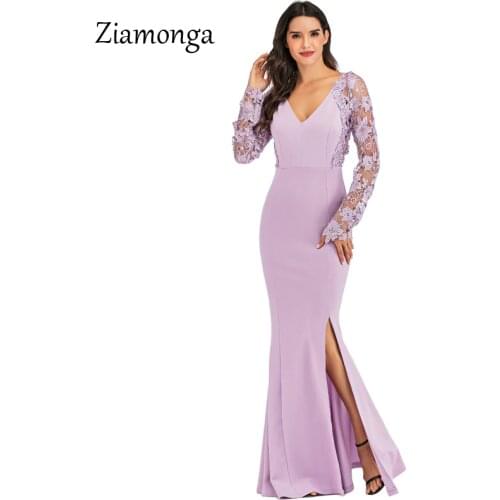 Ziamonga Long Lace Sleeve V Neck Maxi Dress Backless High Split Long Dress Backless Ankle Length Lace Evening Party Dresses