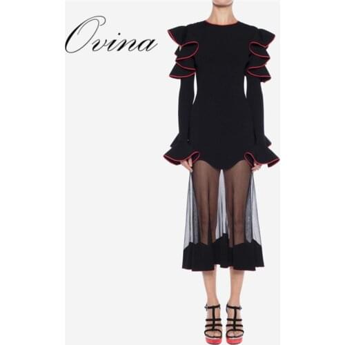 Elegant Women Dresses Long Sleeve Ruffles Hollow Out Mesh Mid Calf Rayon Bandage Dress Evening Party Dress