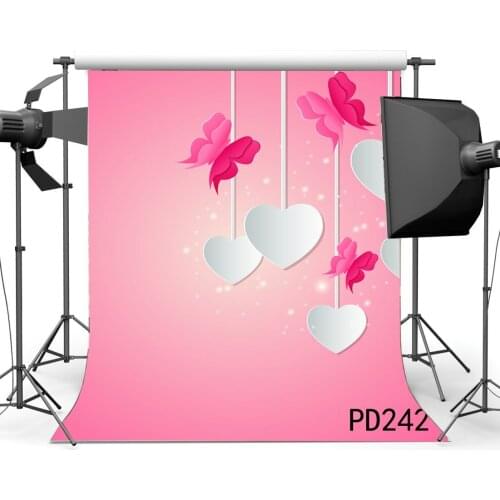 Photography Backdrops Bokeh Halos Valentines Day Hanging Hearts and Butterfly Pink Background