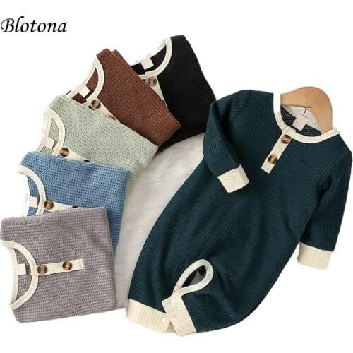 Blotona Baby Spring Autumn Jumpsuit, Splicing Color O-Neck Long Sleeves Knitted Rompers with Buttons for Girls, Boys, 0-24Months