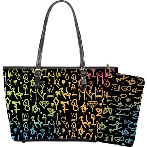 ELVISWORDS Handbags&Wallet Set Graffiti Letter Print Shoulder Bags Purses Womens Leather Bag Casual Tote Lady Large Shopper Bag