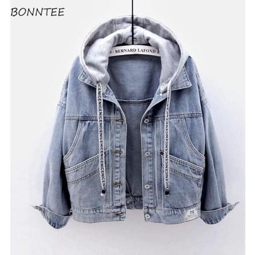 Basic Jackets Women Casual Vintage Denim Female Spring Outwear Solid Single Breasted Pockets Hat Harajuku Fashion All-match Chic