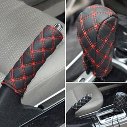 Fashion Car Faux Leather Gear Shift Knob Cover Hand Brake Cover Sleeve 2 in 1 Set