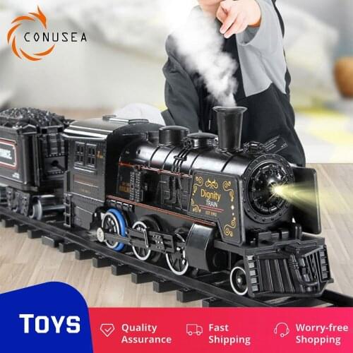 Rail Car Model Railway Train spray Children Track Car Adventure Brain Game Mechanical Interactive Train Educational Toy for boy