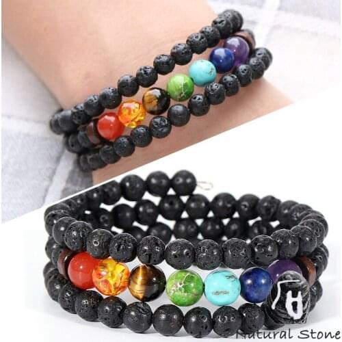 Men Women Yoga 7 Chakra Bracelet 3 Stands Copper Wire Wrap Natural Lava Black Matte Stone Healing Balance Bracelets Bangles