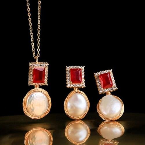 Freshwater Pearl Jewelry Set Elegant Women Red Crystal Square Stud Earrings Gold Color Pendant Necklace Rhinestone Choker Collar