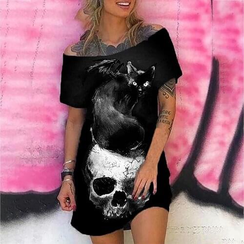 Halloween O Neck Dresses Woman Costumes Skull Dress Womens Short Sleeve Skeleton Print Sexy Dress 2021 Vestidos Mujer Verano