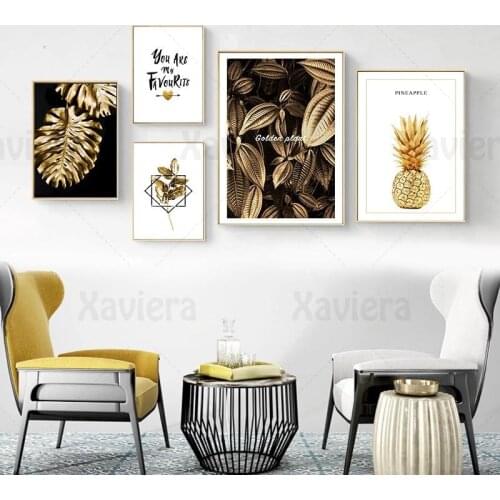 Nordic Poster Luxury Home Decoration Golden Plant Leaf Pineapple Wall Art Canvas Painting Quote Posters and Prints Hanging Mural