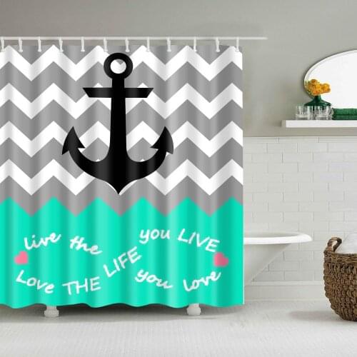 Simple Shower Curtain Anchor Wave Pattern Fashion Bath Accessories with 12 Hooks Waterproof Polyester Fabric Bathroom Decoration