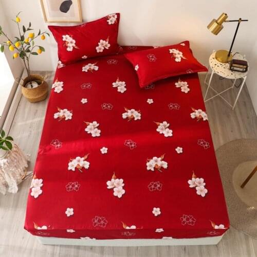 Bonenjoy 3 pcs Bed Sheets and Pillowcase Red Color Flower Printed Fitted Sheet with Elastic drap de lit Bed Fitted Sheet