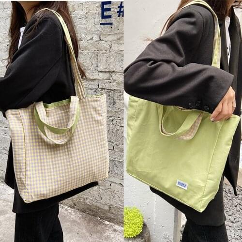 Girls Bag Canvas Solid Pplaid Dual Ourpose Soft Casual Tote Bag Korean Lady High-Capacity Shoulder Bag Handbag School Bag