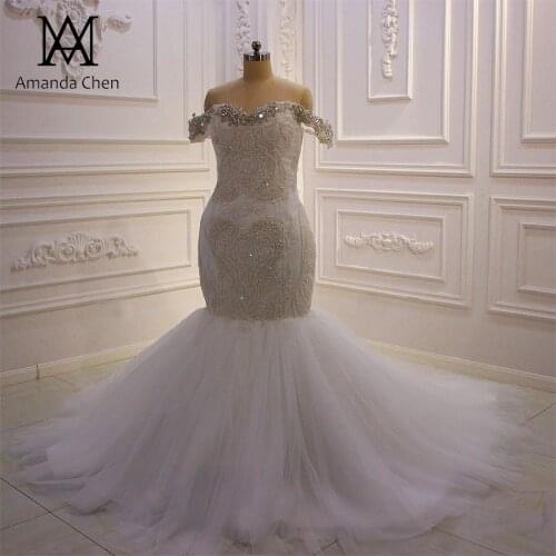 Trouwjurk Off Shoulder Lace Applique Crystal Beads Plus Size Mermaid Wedding Dress
